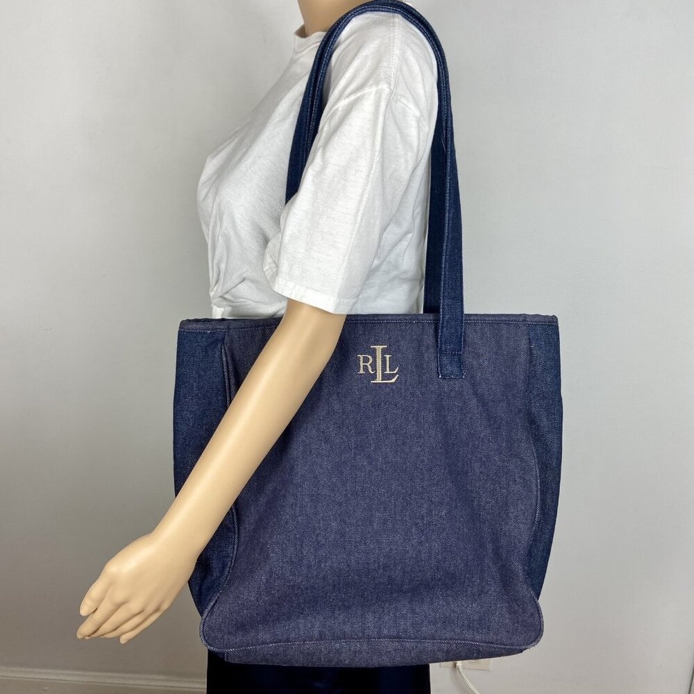 Ralph Lauren Denim Tote Dark Blue Embroidered Cotton Vtg